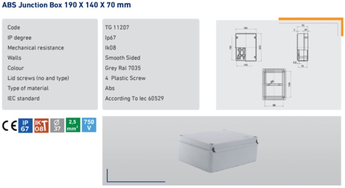 ABS Junction Box 190x140x70 Type 2